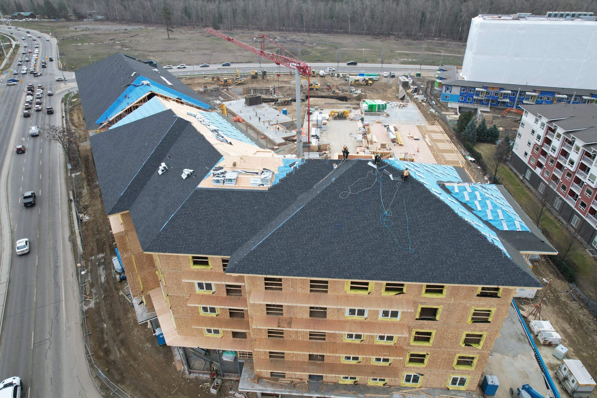 Aerial view of a newly completed commercial building roof