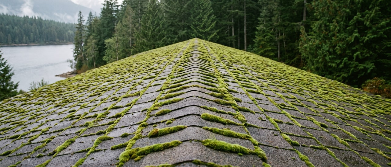 Moss grown thick across a shingle roof, lifting the courses