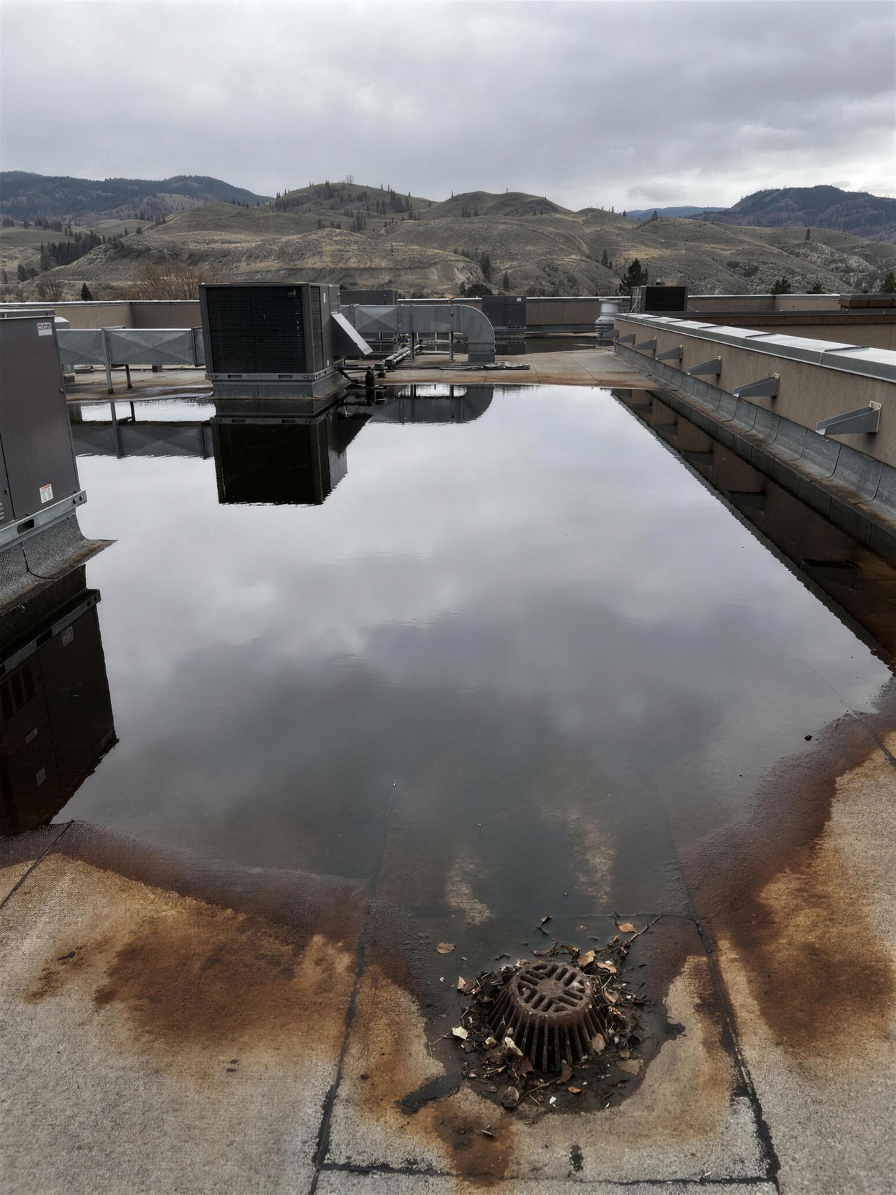A large pond of standing water across a commercial flat roof, with the roof drain at its edge choked with leaves