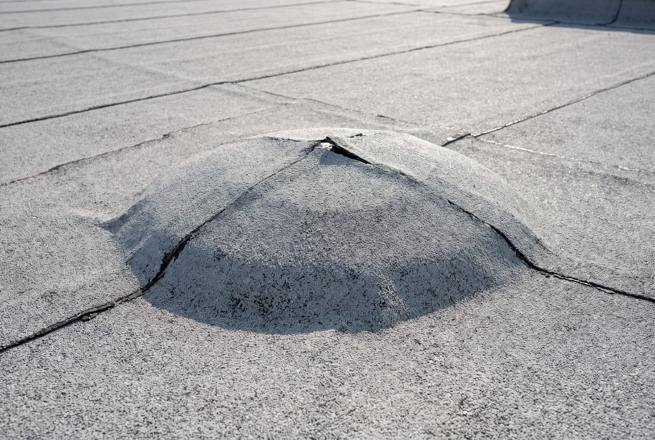 A blister lifting the cap sheet of a modified bitumen flat roof, split at the crown