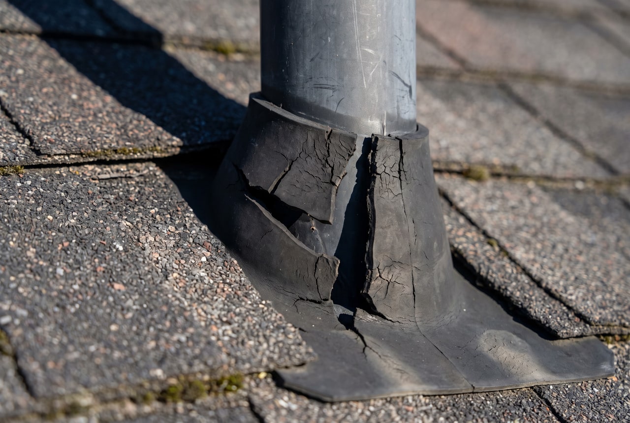 A rubber pipe boot split open around a plumbing stack on an asphalt shingle roof