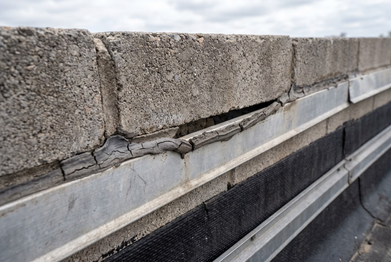 Cracked, shrunken sealant pulling away from a reglet above counterflashing on a parapet wall