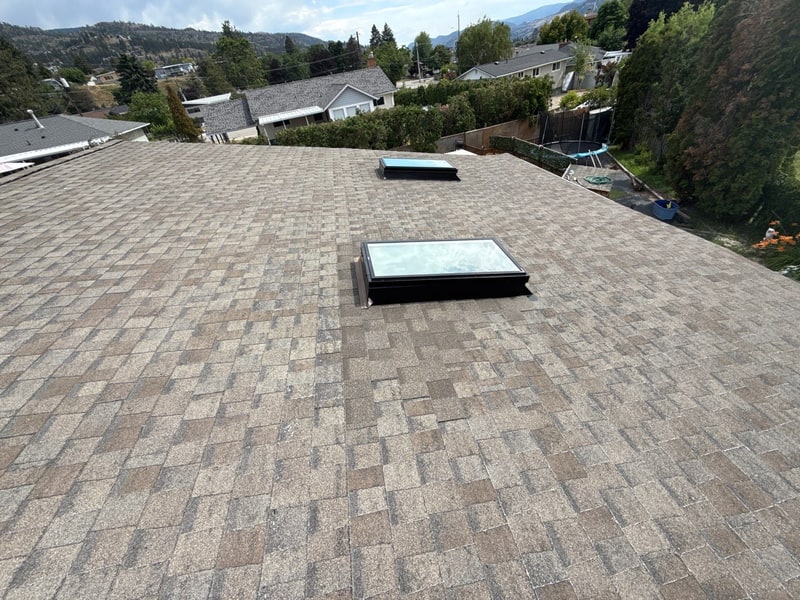 Shingle roof with two skylights, neighbouring houses and hills beyond