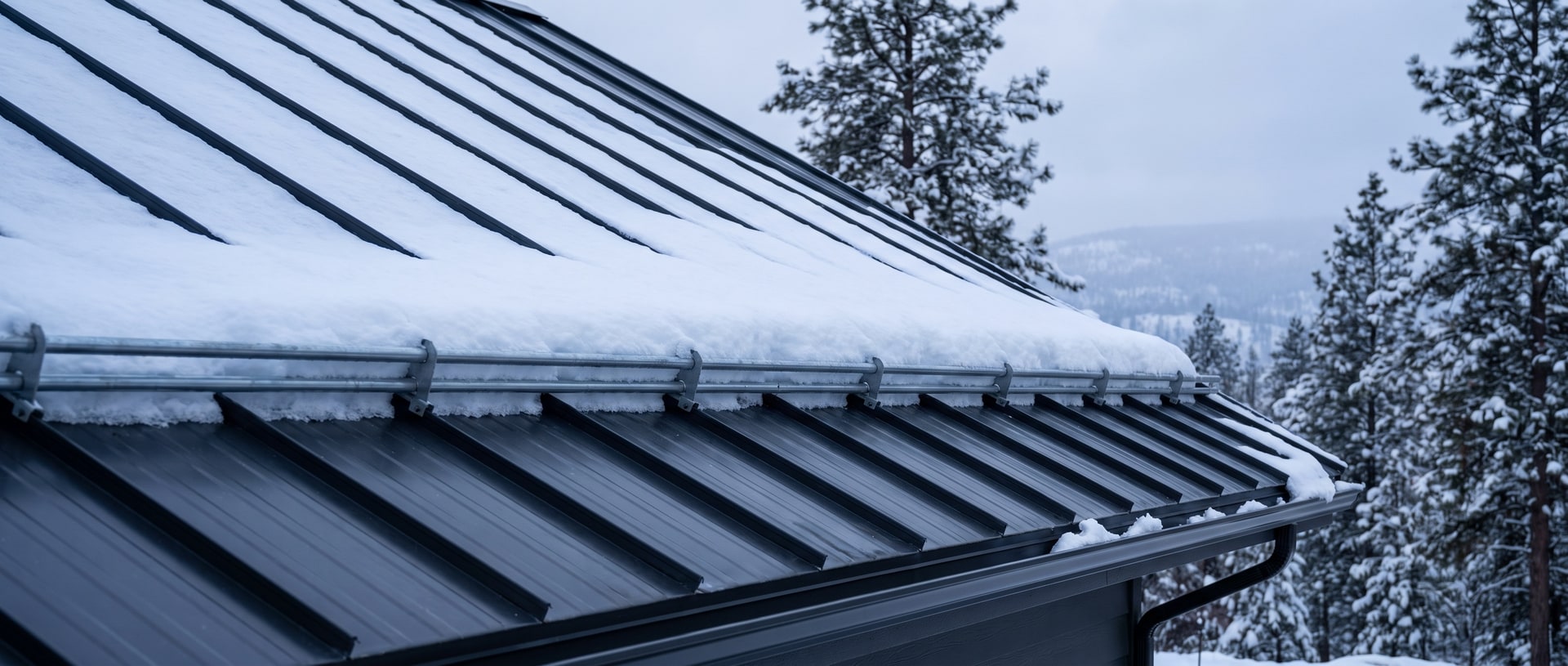 A snow retention rail on a standing-seam metal roof, with the snowpack resting against it and the slope still fully loaded