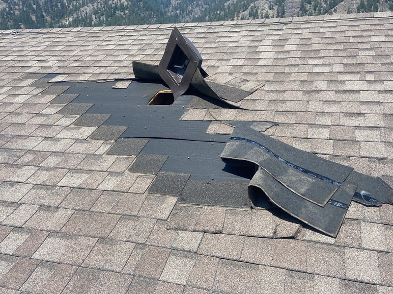 Wind-damaged asphalt shingles lifted from a roof deck