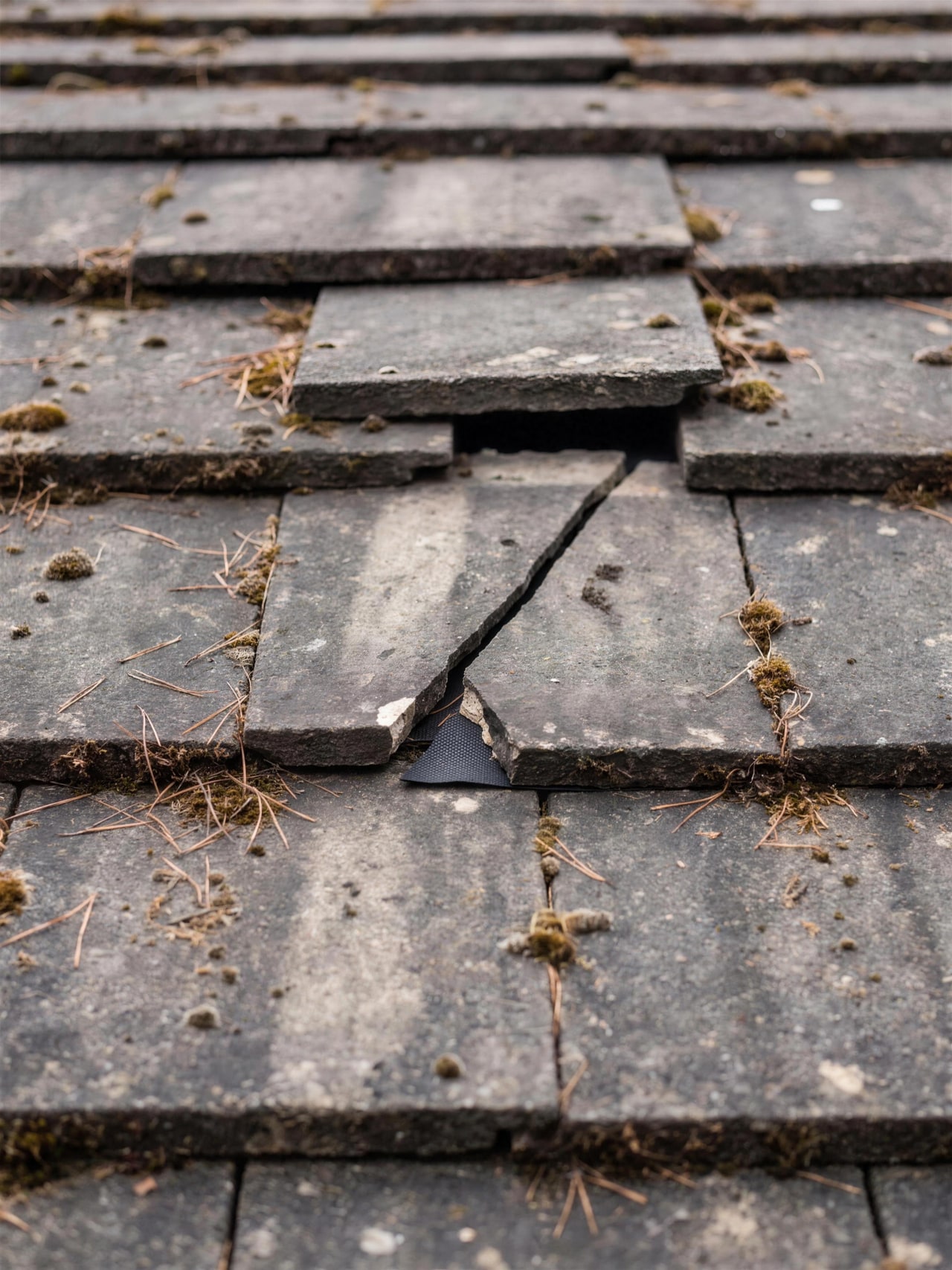 A flat concrete roof tile split through, the halves shifted apart with underlayment visible in the gap, and a slipped tile in the course above