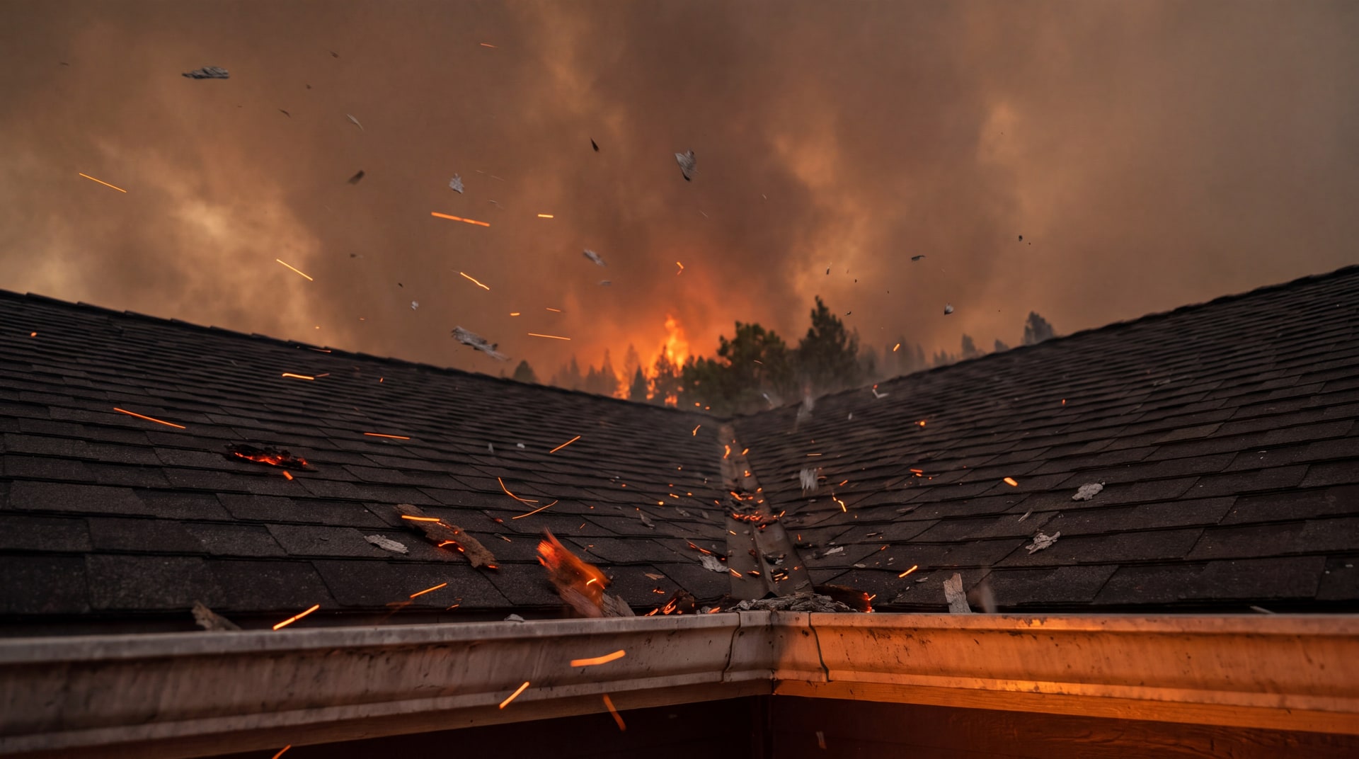 Embers and burning bark landing in a roof valley and gutter