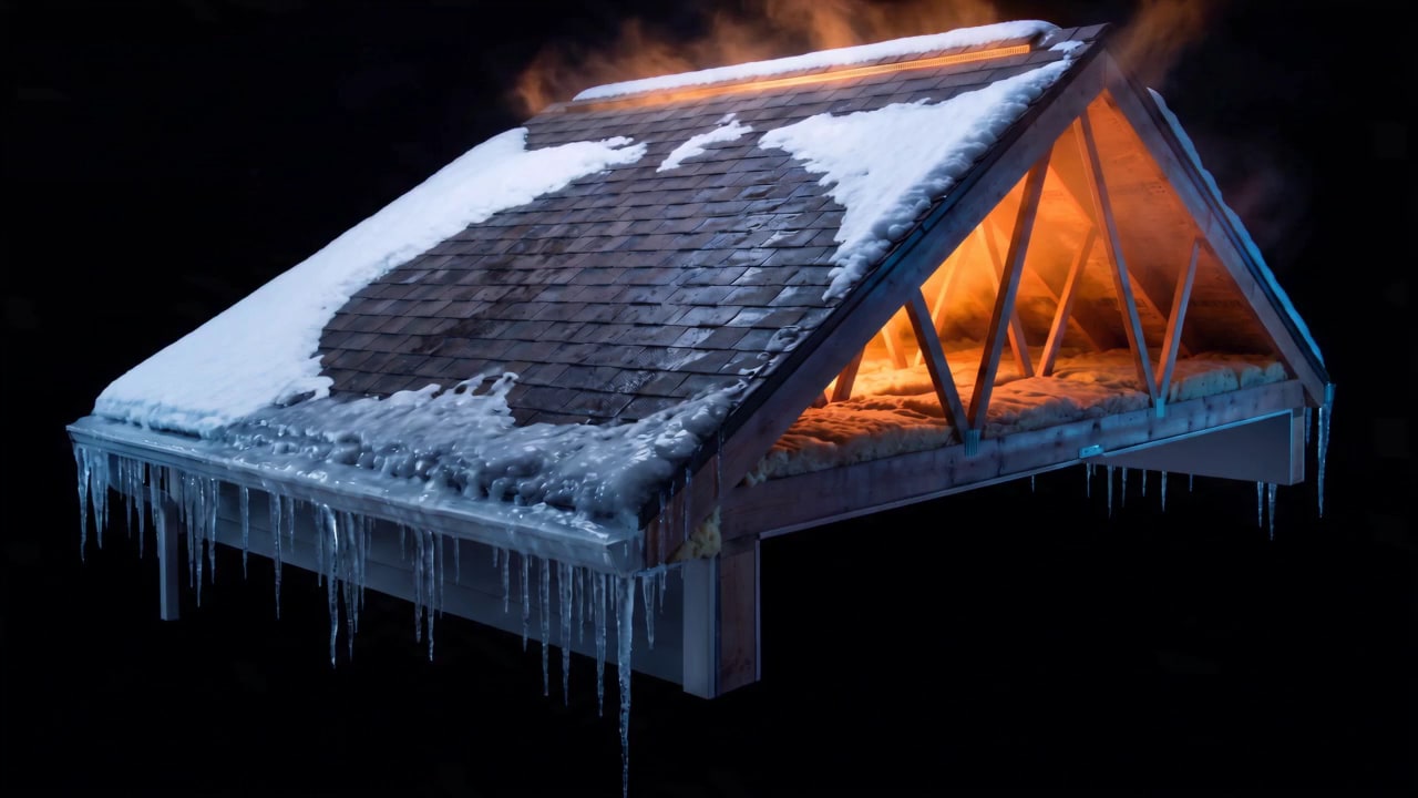 Cutaway of a snow-covered roof: heat from the attic melts the snow and ice builds at the eave