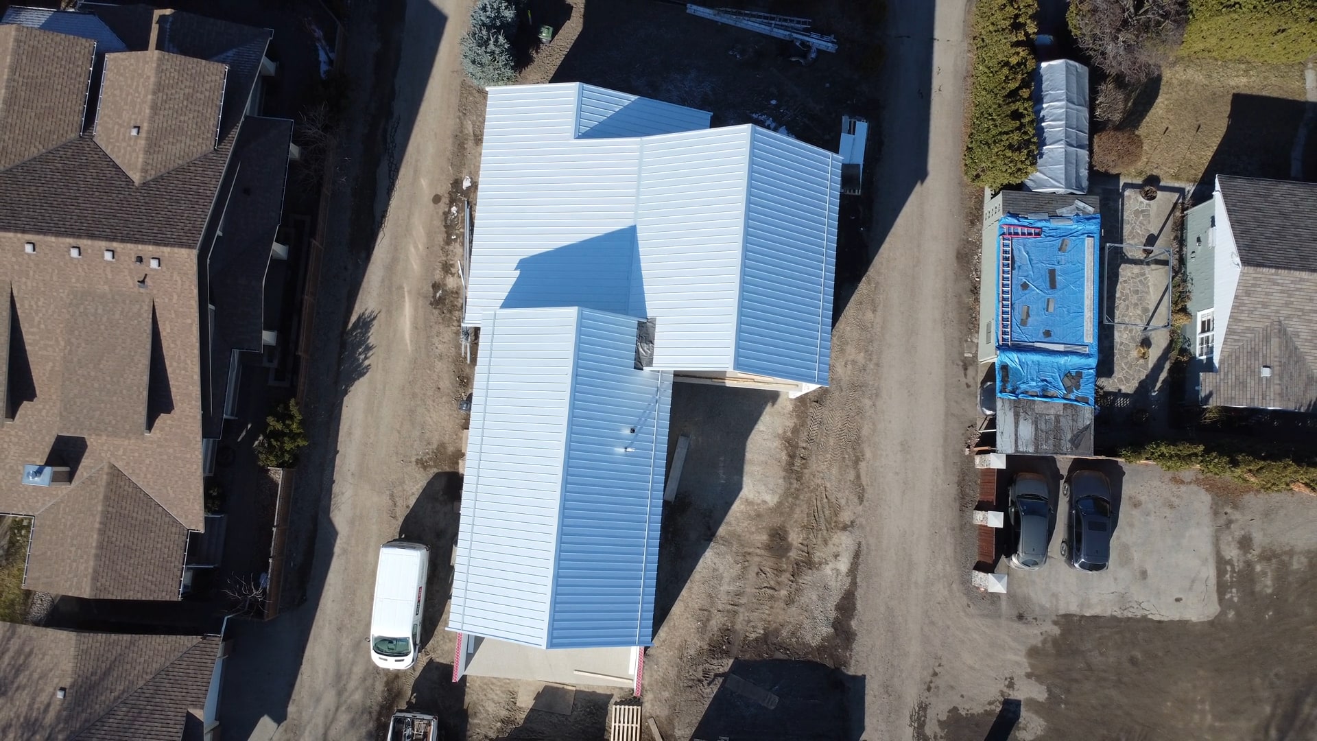 Standing-seam metal roof on a home, seen from straight above